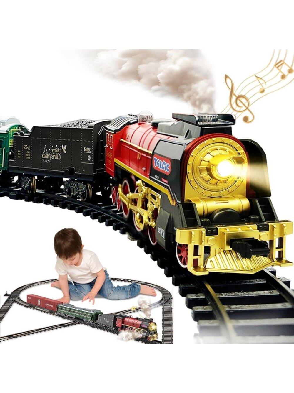 Remote Control Steam Train Set with Lights & Sound, Fancy Tracks for Kids 3-8